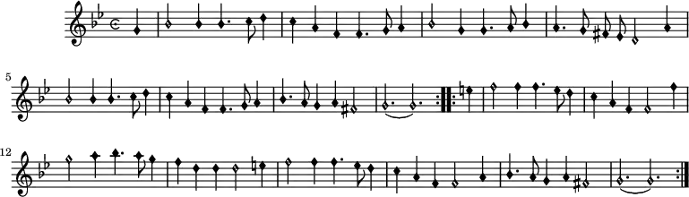 
music = {
    \language "english"
    {
        { \new PianoStaff <<
            { \new Staff <<
                \set Staff.midiInstrument = "violin"
                \override Staff.TimeSignature.style = #'single-number
                \relative c'' {
                    \autoBeamOff
                    \set Score.tempoHideNote = ##t \tempo 8 = 260
                    \clef "petrucci-b1"
                    \override Staff.TimeSignature.style = #'neomensural
                    \override NoteHead.style = #'petrucci 
                    \override Stem.neutral-direction = #UP
                    \key g \minor
                    \time 6/4
                    
                    \repeat volta 2 {
                        \partial 4 g |
                        bf2 bf4 bf4. c8 d4 |
                        c a f f4. g8 a4 |
                        bf2 g4 g4. a8 bf4 |
                        a4. g8 fs ef d2 a'4 |
                        bf2 bf4 bf4. c8 d4 |
                        c a f f4. g8 a4 |
                        bf4. a8 g4 a fs2 |
                        g2.( g)
                    }
                    \repeat volta 2 {
                        \partial 4 e'4 |
                        f2 f4 f4. ef8 d4 |
                        c a f f2 f'4 |
                        g2 a4 bf4. a8 g4 |
                        f d d d2 e4 |
                        f2 f4 f4. ef8 d4 |
                        c a f f2 a4 |
                        bf4. a8 g4 a fs2 |
                        g2.( g)
                    }
                }
            >> }
        >> }
    }
}
\header {
    tagline = "" % no footer
}
\score {
  \music
  \layout { }
}
\score {
  \unfoldRepeats {
    \music
  }
  \midi { }
}
