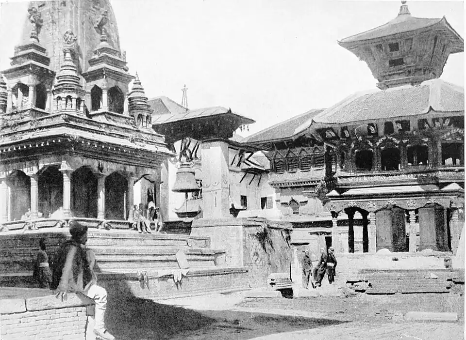 Black and white photograph of a temple in Bhatgaon.