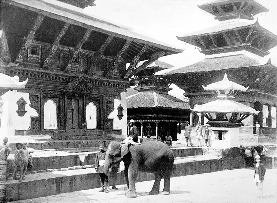 Black and white photograph of the Durbar Square at Katmandu.