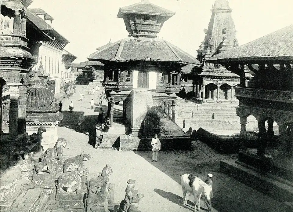 Black and white photograph of the Durbar Square at Bhatgaon.
