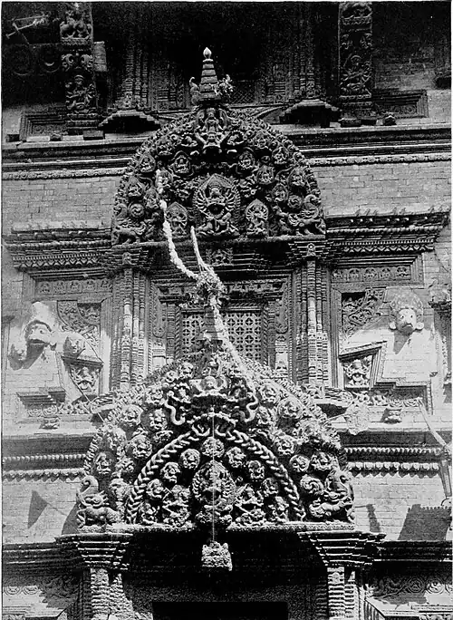 Black and white photograph of Elaborate wood-carving on Bhairan Temple at Bhatgaon.