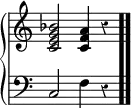 \new PianoStaff << \new Staff \relative { \time 4/4 \override Score.TimeSignature #'stencil = ##f \override Staff.Rest.style = #'classical <c' e g bes>2 <c f a>4 r \bar ".." } \new Staff { \clef bass \override Staff.Rest.style = #'classical c2 f4 r } >>