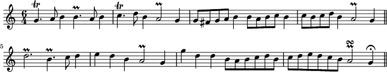 { \time 6/4 \relative g' { g4.\trill a8 b4 b4.\prall a8 b4 c4.\trill d8 b4 a2\prall g4 g8 fis g a b4 b8 a b c b4 c8 b c d b4 a2\prall g4 \bar "||" d'2.\prall b4.\prall c8 d4 e d b a2\prall g4 g' d d b8 a b c d b c d e d c b a2\prall\turn g4\fermata \bar "||" } }