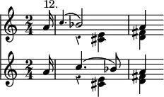 { \override Score.Rest #'style = #'classical \time 2/4 \partial 16 << \relative a' << { a16^"12." | \appoggiatura c4. bes2 | a4 } \\ { s16 | r4 <e cis> | <fis d> } >>
\new Staff { \relative a' << { a16 | c4.( bes8) | a4 } \\ { s16 | r4 <e cis> | <fis d> } >> } >> }
