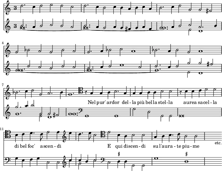 << \new Staff { \override Score.TimeSignature #'style = #'single-digit \time 3/1 \override Score.Rest #'style = #'classical \relative d'' { d2. c4 d2 e d c | d2. c4 b2 c4 b a b c a |
b2. c4 d2 g, g fis | g bes a g bes a |
g2. a4 bes2 c a1 | bes2. a4 bes2 g a1 |
bes2. c4 d2 g, a2. bes4 | \once \override Staff.TimeSignature #'stencil = ##f g1. \clef tenor r4 g,4 g a b2. g4 | \once \override Staff.TimeSignature #'stencil = ##f g g a a b2 b | r4 b b c d2 d | b4 c d4. c8 e2 e4 \clef treble e' | \once \override Staff.TimeSignature #'stencil = ##f d4. e8 c2 \clef tenor e,2 b4 a b2 b | \once \override Staff.TimeSignature #'stencil = ##f g4 a b4. c8 a2 a | s s_"etc." } }
\addlyrics { _ _ _ _ _ _ _ _ _ _ _ _ _ _ _ _ _ _ _ _ _ _ _ _ _ _ _ _ _ _ _ _ _ _ _ _ _ _ _ _ _ _ _ _ Nel pur' ar -- dor del -- la più bel -- la stel -- la au -- rea sa -- cel -- la di bel foc' a -- scen -- di _ _ _ _ E qui di -- scen -- di su l'au -- ra -- te piu -- me }
\new Staff << \new Voice \relative b' { \stemUp b2. a4 b2 c b a | b2. a4 g2 a4 g fis g a fis | g2. a4 b2 c a2. b4 | g2 d' c b d c | b2. c4 d2 e1 c2 | d2. c4 d2 g g fis | g2. a4 b2 g, g fis | g1. }
\new Voice \relative g' { \stemDown g\breve. ~ g ~ g1. e2 d1 | g\breve. ~ g ~ g1. e2 d1 | g1. e2 d1 | \once \override Staff.TimeSignature #'stencil = ##f \time 14/4 g1. \clef bass g,,1 g | \once \override Score.TimeSignature #'stencil = ##f \time 4/2 g'2 d g, g g\breve | g'4 e f g c,2 c2*1/2 \clef treble << { c''4 \once \override Staff.TimeSignature #'stencil = ##f \time 6/2 c b c2 } \\ { c4 g2 c } >> \clef bass c,, \set suggestAccidentals = ##t dis4 dis g,2 g | \once \override Staff.TimeSignature #'stencil = ##f \time 4/2 g'1 dis | s } >>
>>