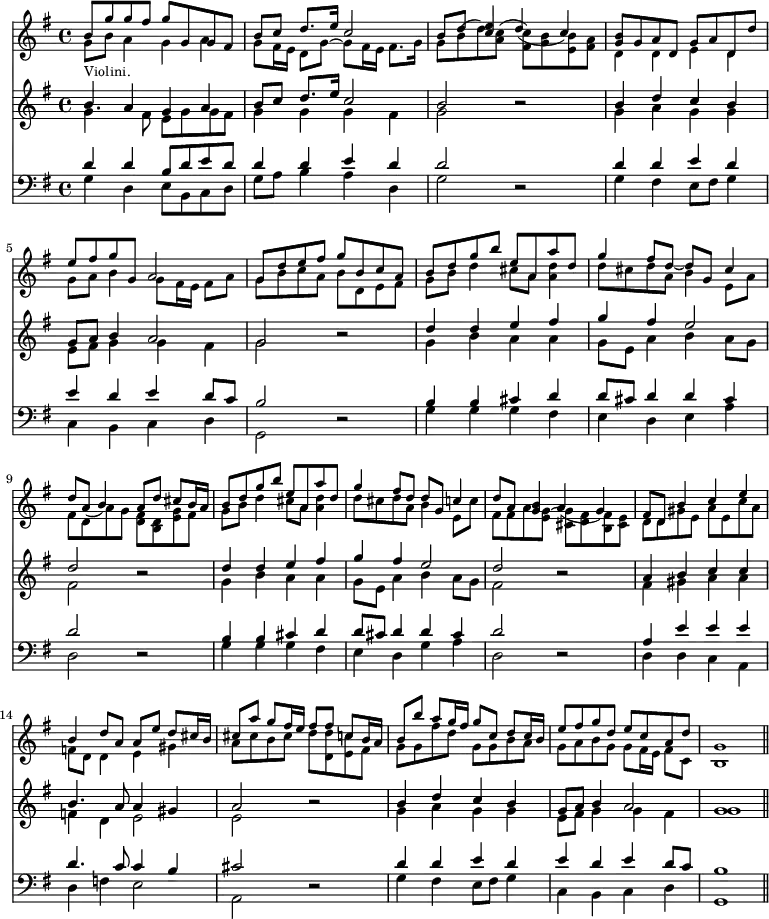 << \new Staff { \time 4/4 \key g \major <<
\new Voice \relative b' { \stemUp \small b8 g' g fis g g, g fis | b c d8. e16 c2 | b8 d <e c>4 d( c) | <b g>8 g a d, g a d, d' | e fis g g, a2 | g8 d' e fis g b, c a | b d g b e, a, a' d, | g4 fis8 d ~ d g, cis4 | d8 a( b4) a8 d cis b16 a | b8 d g b e, a, a' d, | g4 fis8 d d g, c4 | d8 a <b g>4 a( g) | fis8 d b'4 c e | b d8 a a e' d cis16 b | cis8 a' g fis16 e fis8 fis c b16 a | b8 b' a g16 fis g8 c, d c16 b | e8 fis g d e c a d | g,1 \bar "||" }
\new Voice \relative g' { \stemDown \small g8_"Violini." b a4 g a | g8 fis16 e d8 g ~ g fis16 e fis8. g16 | g8 b( d) <c a>( <c fis,>) <b g> <b e,> <a fis> | d,4 d e d | g8 a b4 g8 fis16 e fis8 a | g b c a b d, e fis | g b d4 cis8 a <a d>4 | d8 cis d a b4 e,8 a | fis d a' g <fis d> <d b> <e g> fis | g8 b d4 cis8 a <a d>4 | d8 cis d a b4 e,8 c' | fis, fis a <g e> ~ <g cis,> <fis d> <fis b,> <e cis> | d d gis e a e c' a | f d d4 e gis | a8 cis b cis d <d d,> <c e,> fis, | g g fis' d g, g b a | g a b g g fis16 e fis8 c | b1 }
>> }
\new Staff { \key g \major << \new Voice \relative b' { \stemUp b4 a g a | b8 c d8. e16 c2 | b2 r | b4 d c b g8 a b4 a2 | g r | d'4 d e fis g fis e2 | d2 r | d4 d e fis | g fis e2 | d r | a4 b c c | b4. a8 a4 gis | a2 r | b4 d c b | g8 a b4 a2 | g1 }
\new Voice \relative g' { \stemDown g4. fis8 e g g fis | g4 g g fis | g2 s | g4 a g g e8 fis g4 g fis | g2 s | g4 b a a | g8 e a4 b a8 g | fis2 s | g4 b a a | g8 e a4 b a8 g | fis2 s | fis4 gis a a | f d e2 | e s | g4 a g g | e8 fis g4 g fis | g1 } >> }
\new Staff { \clef bass \key g \major << \new Voice \relative d' { \stemUp d4 d b8 d e d | d4 d e d | d2 r d4 d e d | e d e d8 c | b2 r | b4 b cis d | d8 cis d4 d cis4 | d2 r | b4 b cis d | d8 cis d4 d cis | d2 r | a4 e' e e | d4. c8 c4 b | cis2 r | d4 d e d e d e d8 c | b1 }
\new Voice \relative g { \stemDown g4 d e8 b c d | g a b4 a d, | g2 s | g4 fis e8 fis g4 | c, b c d | g,2 s | g'4 g g fis | e d e a | d,2 s | g4 g g fis | e d g a | d,2 s | d4 d c a | d f e2 | a, s | g'4 fis e8 fis g4 | c, b c d | g,1 } >> }
>>