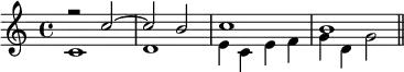 { \time 4/4 \relative c'' << { r2 c ~ c b c1 b \bar "||" } \\ { c,1 d e4 c e f g d g2 } >> }