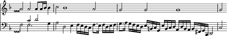 { \time 4/2 \set Score.tempoHideNote = ##t \tempo 4 = 100 \set Staff.midiInstrument = #"church organ" \override Score.TimeSignature #'stencil = ##f \key f \major << \clef treble \relative a' { s2 -\tweak #'X-offset #0 -\tweak #'Y-offset #-1.5 -\prallup a2 a a8 a16 bes bes4 | c2 bes1 a2 | g g g1 | g2 }
\new Staff { \set Staff.midiInstrument = #"church organ" \clef bass \key f \major << { s1 -\tweak #'X-offset #0 -\tweak #'Y-offset #-2.5 -\prallup c'2 d' } \\ { s2 f2 f2. g4 } >> \relative a { | a2 d, e4 f16 e d c f8. e16 f d e f | g8. a16 g f e d e b c g e' b c d a d b a b fis g c, d2 | c' } } >> }
