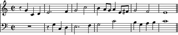 { \time 2/2 \override Score.Rest #'style = #'classical << \relative g' { r4 g c, d e2. f4 g2 c b4 a8 g a4 e8 fis g2 f e1 \bar "||" } \new Staff { \clef bass R1 r4 g c d e2. f4 g2 c'2 b4 g a b c'1 } >> }