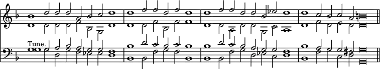 { << \new Staff <<
\new Voice \relative b' { \key d \minor \override Score.TimeSignature #'stencil = ##f \stemUp \time 5/1 \override NoteHead.style = #'baroque
bes1 d2 d d a bes c d1 | %end line 1
\time 4/1 d1 f2 f d f d1 |
\time 5/1 d1 f2 f d d bes ees d1 | %end line 2
d1 c2 bes c a b\breve \bar "||" }
\new Voice \relative d' { \stemDown \override NoteHead.style = #'baroque
d1 d2 d d f bes, g d'1 | %end line 1
d1 d2 f bes, f' f1 | d d2 a d d g, c a1 | %end line 2
d f2 d e d d\breve } >>
\new Staff <<
\new Voice \relative g { \stemUp \override NoteHead.style = #'baroque \clef bass \key d \minor
g1^\markup \small "Tune." g2 a bes a g g f1 | %end line 1
bes1 d2 c bes c bes1 | bes d2 c bes a g g f1 | %end line 2
bes a2 g g fis g\breve }
\new Voice \relative g { \stemDown \override NoteHead.style = #'baroque
g1 g2 d g f ees ees d1 | %end line 1
bes bes2 f' g f bes,1 | bes bes2 f' g d ees c d1 | %end line 2
bes f'2 g c, d g,\breve } >> >> }