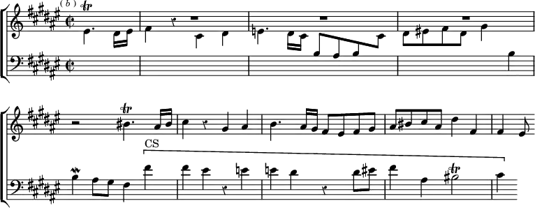 \new ChoirStaff << \override Score.BarNumber #'break-visibility = #'#(#f #f #f) \override Score.Rest #'style = #'classical
  \new Staff = "up" \relative b' { \key fis \major \time 2/2 \partial 2 \mark \markup \tiny { (\italic"b") } R2 R1*3
    r2 bis4.\trill ais16 bis | cis4 r gis ais |
    b4. ais16 gis fis8 eis fis gis |
    ais bis cis ais dis4 fis, | fis eis8 }
  \new Staff = "down" \relative e' { \clef bass \key fis \major
    \change Staff = "up" \stemDown eis4.\trill dis16 eis | fis4 r cis dis |
    e4. dis16 cis \change Staff = "down" \stemNeutral b8 ais b \change Staff = "up" cis |
    \stemDown dis eis! fis dis gis4 \change Staff = "down" \stemNeutral b, |
    b\mordent ais8 gis fis4 \[ fis'^"CS" |
    fis eis r e | e dis r dis8 eis | fis4 ais, bis2\trill | cis4 \] } >>