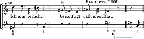 \new ChoirStaff << \override Score.Rest #'style = #'classical \override Score.TimeSignature #'stencil = ##f
  \new Staff \relative d'' { \time 3/4 \mark \markup \tiny "(a)" \autoBeamOff
    d4 e8. b16 cis8 r \bar "||" s8*3/1 gis8^\markup \tiny "(c)" fis e | ais8.^\markup \caps "Beethoven (1805)." b16 fis4 r \bar "||" r4 \bar "||" }
  \addlyrics { Ich mur -- re nicht! be -- sänf -- tigt wallt mein Blut. }
  \new Staff { \clef bass gis,4 r r8 a, | s8*3/1 r8 r4 | r4 fis2 | fis8 b, }
  \figures { < 6 5 >4 < _ >4. < _+ >8 | < _ >8*3/1 < _ >4. < _ >4 < 8 >8  \bassFigureExtendersOn < 7 5+ _+>4. < 7 5+ _+ >8 < _+\! > } >>