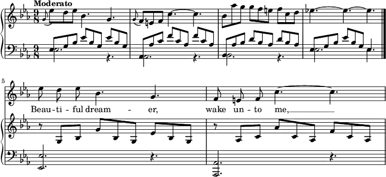 

% \grace {s8} because LilyPond doesn't deal well with grace notes at the start of the piece
% This is a known bug in LilyPond that has been a problem since 2006 and nobody's found a way to fix Lilypond in all that time

\parallelMusic Singer, PianoUp, PianoDown {
\time 9/8 \key ees \major | \time 9/8 \tempo "Moderato" \key ees \major | \time 9/8 \key ees \major |
% Measure 1
\grace { s8 } R8*9 | 
\appoggiatura {g8} ees'8 d ees bes4. g4. |
\grace { s8 } ees8 g bes ees bes g ees' bes g | 
% Measure 2
R8*9 |
\appoggiatura { g8 } f8 e f c'4. ~ 4. |
aes,8 aes'8 c f c aes f' c aes |
% Measure 3
R8*9 |
bes8 aes' g g f e f c d |
bes,8 aes' bes d bes aes d bes aes |
% Measure 4
R8*9 |
ees!4. ~ 4. ~ 4. \bar "|." \break |
ees8 g bes ees bes g ees4. |
% Measure 5 (System 2 Measure 1 in the source)
ees8 d ees bes4. g |
r8 g,, bes g' bes, g ees' bes g |
\oneVoice <ees, ees'>2. r4. |
% 6
f8 e f c'4. ~ 4. |
r8 aes c aes' c, aes f' c aes |
<aes, aes'>2. r4. |
}

<<

\new Staff \with { \RemoveAllEmptyStaves } { \new Voice = "Singer" \relative c'' { \autoBeamOff \Singer } }

\new Lyrics \lyricsto "Singer" { \lyricmode{
Beau -- ti -- ful dream -- er, wake un -- to me, __
Starlight and dewdrops are waiting for thee;
Sounds of the rude world, heard in the day,
Lull'd by the moonlight have all pass'd away!
Beautiful dreamer, queen of my song,
List while I woo thee with soft melody;
Gone are the cares of life's busy throng,
Beautiful dreamer, awake unto me!
Beautiful dreamer, awake unto me!
} }
  
\new PianoStaff <<
\new Staff {\relative c'' { \PianoUp } }
\new Staff { << 
\new Voice { \clef "bass" \voiceOne \relative c { \PianoDown } }
\new Voice { \clef "bass" \voiceTwo \relative c { \grace { s8 }  ees2. r4. | aes,2. r4. | bes2. r4. | ees2. ees4. } }
>> }
>>

>>


