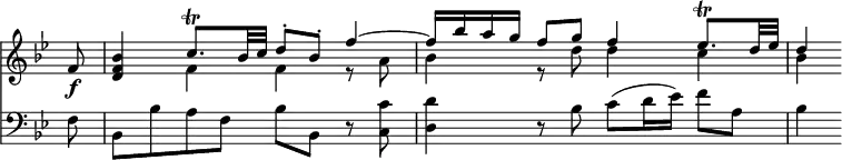 { << \new Staff \relative f' { \key bes \major \override Score.TimeSignature #'stencil = ##f \partial 8
f8\f | <bes f d>4
<< { c8.\trill bes32 c d8-. bes-. f'4 ^~ |
f16 bes a g f8 g f4 ees8.\trill d32 ees | d4 } \\
{ f,4 f r8 a | bes4 r8 d d4 c | bes } >> }
\new Staff \relative f { \clef bass \key bes \major
f8 | bes, bes' a f bes8 bes,r <c c'>8 |
<d d'>4 r8 bes' c( d16 ees) f8 a, | bes4 } >> }
