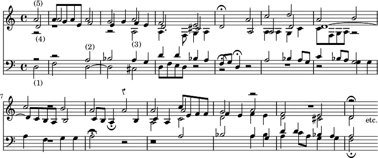 << \new Staff << \time 4/4 \override Score.Rest #'style = #'classical \partial 2 \new Voice \relative a' { \stemUp a2^"(5)" a8 g a e a2 | g a | f e | d\fermata a' | c d | a b | c b | a a | a c8 e, f f | g2 a | f e | d\fermata s4_"etc." }
\new Voice \relative d' { \stemUp d2_"(4)" a' f | e4 g f e | d2 cis | s a | a d | d1 ^~ | d8 c b a b2 | c8 b a4_\fermata r b | c a a'2 | f4 e r2 | R1 | r2 }
\new Voice \relative a { \stemDown r2 r1 r2 a_"(3)" | a4. f8 g4 a | s1 | a4 a g c | c8 f, g a r2 | R1 | s1 | a2 c | d f4 e | d2 cis | d } >>
\new Staff << \clef bass \new Voice \relative a { \stemUp r2 r a^"(2)" bes a4 g | d' d bes a | f8 g d4\fermata s2 | a'2 bes4 a8 g | c4 bes8 a g2 | R1 | r2 r | r a | bes a4 g | d' d bes a | a2 }
\new Voice \relative d { \stemDown d2_"(1)" | f d ~ | d cis | d8 f e d r2 | r\fermata r | R1 | r2 g4 g | a f g g | a2\fermata r r1 s2 a4 bes | a c8 a g4 g | f2_\fermata s4 } >> >>