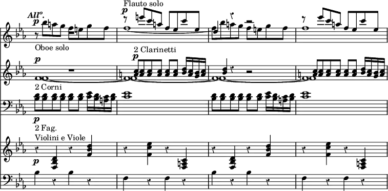 << \new Staff { \override Score.Rest #'style = #'classical \override Score.TimeSignature #'stencil = ##f \time 4/4 \key c \minor \tempo \markup { \italic { \concat { All \super o . } } } << \new Voice \relative e''' { \stemUp R1 r8^"Flauto solo"^\p e c a f ees c' ees, | d4 r r2 | r8 ees'8 c a f ees c' ees, }
\new Voice \relative b'' { \stemDown r8_"Oboe solo"^\p bes a g f e g f | f1 _~ | f8 bes a g f e g f | f1 ~ } >> }
\new Staff { \key c \minor << \new Voice \relative f' { f1_"2 Corni"^\p ~ f ~ f ~ f }
\new Voice \relative f' { f1 ~ f ~ f ~ f }
\new Voice \relative a' { \stemUp R1 <a c>8^"2 Clarinetti"^\p q q q q q <bes d>16 <a c> <bes g> <a c> | <bes d>4 r r2 | <a c>8 q q q q q <bes d>16 <a c> <bes g> <a c> } >> }
\new Staff { \clef bass \key c \minor \relative b { <bes d>8\p_"2 Fag." q q q q q <c ees>16 <bes d> <c a> <bes d> | <c ees>1 | <bes d>8 q q q q q <c ees>16 <bes d> <c a> <bes d> | <c ees>1 } } 
\new Staff { \key c \minor \relative d' { r4\p^"Violini e Viole" <d bes f> r <f bes d> | r <f c' ees> r <c a f> | r <d bes f> r <f bes d> | r <f c' ees> r <c a f> } }
\new Staff { \clef bass \key c \minor \repeat unfold 2 { bes4 r bes r | f r f r } } >>