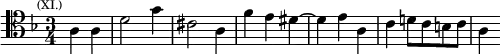 \relative a { \clef tenor \key d \minor \time 3/4 \partial 2 \mark \markup \tiny { (XI.) } a4 a | d2 g4 | cis,2 a4 | f' e dis ~ | dis e a, | c d!8 c b c | a4 }