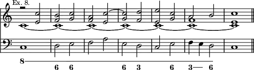 { << \new Staff \relative c'' { \mark \markup \small "Ex. 8." \override Score.TimeSignature #'stencil = ##f
 << { r2 <c e,> <b f> <c g> | <a f> <c e,> ^~ |
      <c g> <d f,> | <e e,> <c g> | a b | c1 \bar "||" } \\
    { c,1 _~ c _~ c _~ c _~ c _~ <c f> _~ <c e> } >> }
\new Staff { \clef bass c1 d2 e f a e d c e f4 e d2 c1 }
\figures { \bassFigureExtendersOn
 <8>1 <8 6>2 <8 6\!> <8>1 <8 6>2 <8 3> <8> <8 6> <8 3>4 q <8 6>2 } >> }