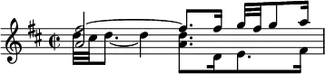 { \time 2/2 \key d \major \relative f'' { << { <fis a,>2 ~ fis8. fis16 g32 fis g8 a16 } \\ { d,32 cis d8. ~ d4 <d a>8. d,16 e8. fis16 } >> } }