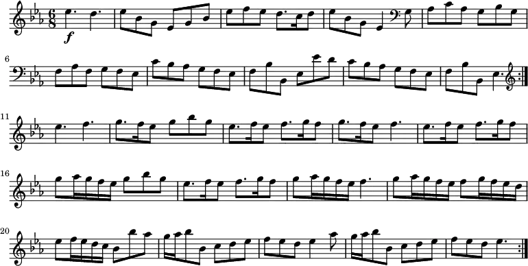 { \relative e'' { \key ees \major \time 6/8
ees4.\f d | ees8 bes g ees g bes | ees f ees d8. c16 d8 | %eol1
ees bes g ees4 \clef bass g,8 | aes c aes g bes g |
f aes f g f ees | c' bes aes g f ees | %eol2
f bes bes, ees ees' d | c bes aes g f ees |
f bes bes, ees4. \bar ":|." \clef treble ees''4. f | %eol 3
g8. f16 ees8 g bes g | ees8. f16 ees8 f8. g16 f8 |
g8. f16 ees8 f4. | ees8. f16 ees8 f8. g16 f8 | %eol 4
g8 aes16 g f ees g8 bes g | ees8. f16 ees8 f8. g16 f8 |
g8 aes16 g f ees f4. | %eol 5
g8 aes16 g f ees f8 g16 f ees d | ees8 f16 ees d c bes8 bes' aes |
g16 aes bes8 bes, c d ees | %eol 6
f ees d ees4 aes8 | g16 aes bes8 bes, c d ees | f ees d ees4. \bar ":|." } }