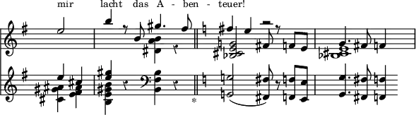 { \override Score.Rest #'style = #'classical \override Score.TimeSignature #'stencil = ##f \key g \major \partial 2 << \relative e'' << { e2^\markup { \smaller "mir lacht das A - ben - teuer!" } b'4 r8 b, gis'4. fis8 \bar "||" \key c \major fis4 e r2 } \\ { s2 s <b a dis,>4 r s1 <e, cis bes>1 } \\ { s2 s1 | <g! e cis bes>2( fis8 r f e g4. fis8 f4 } >>
\new Staff { \key g \major \relative e'' { << { e4 cis <e gis> } \\ { <ais, gis cis,> <ais fis e> <b gis e b> } >> r \clef bass <b, fis b,> r_\markup { \halign #-8 "*" } \key c \major <g! g,!>2( <fis fis,>8) r <f f,> <e e,> <g g,>4. <fis fis,>8 <f f,>4 } } >> }