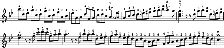 \relative b'' { \key bes \major \time 12/8 \override Score.TimeSignature #'stencil = ##f \omit Score.BarNumber \override Script.script-priority = #-100 \set strokeFingerOrientations = #'(up) \set fingeringOrientations = #'(up) \set Staff.midiInstrument = #"clav"
  bes8-4 d,\rightHandFinger #5 ees-1
    a-4 c,\rightHandFinger #5 d-1
    g-4 bes,\rightHandFinger #5 c-1
    f-4 a,\rightHandFinger #5  bes-1 |
  ees-4 g,\rightHandFinger #5 a-1
    d-4 f,-1 g-2 c-2 d-3 bes-1 \afterGrace a4.-2\trill { g16 a } |
  g8-1 bes-1 c-2 d-3 e-1 fis-2 g-1 a-2 bes-3 a4-2\trill g8 |
  <g-4 d-2 bes-1>4. r8 r d-1 g-3 a-4 g-3 d-1 e-2 f-3 |
  ees4.-2\prall r8 r g-1 c-3 d-4 c-3 g-1 a-2 bes-3 |
  a4.-2 r8 r f-1 bes-4 a-3 bes-4 d,-1 ees-2 f-3 |
  g-2 a-3 f-1 ees-2 f-3 d-1 c-2 d-3 bes-1 a-2 bes-3 c-4 |
  f,-1 g-2 a-3 bes\rightHandFinger #5 c-2 d-3
    ees-2 f-3 g-4 f-3 ees-2 d-1 |
  c4.-2\prall }