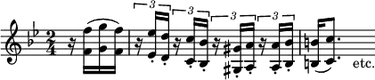 { \relative f'' { \key bes \major \time 2/4 \partial 4
 r16 <f f,>^( <g g,> <f f,>) |
 \tuplet 3/2 8 { r16 <ees ees,>_. <d d,>_. r <c c,>_. <bes bes,>_.
  r <gis gis,>_. <a a,>_. r <a a,>_. <bes bes,>_. } |
 <b b,>16( <c c,>8.) s16_"etc." } }