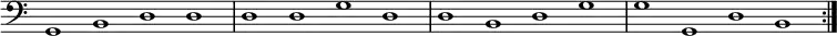 \new Staff { \clef bass \time 4/1 \override Score.TimeSignature #'stencil = ##f \repeat volta 2 { g,1 b, d d | d d g d | d b, d g | g g, d b, } }