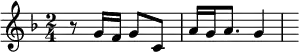 { \time 2/4 \key f \major \relative g' { r8 g16 f g8 c, a'16 g a8. g4 } }