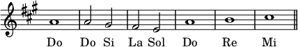 { \relative a' { \key a \major \override Score.TimeSignature #'stencil = ##f a1 a2 gis fis e a1 b cis \bar "||" }
\addlyrics { Do Do Si La Sol Do Re Mi } }