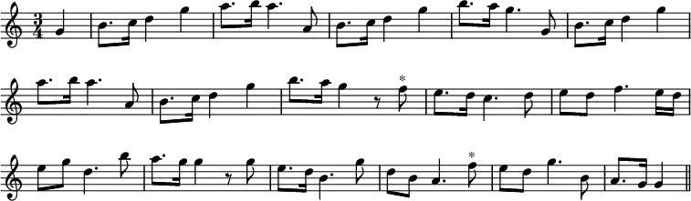 { \override Score.BarNumber #'break-visibility = #'#(#f #f #f) \time 3/4 \partial 4 \relative g' {
g4 | b8. c16 d4 g | a8. b16 a4. a,8 |
b8. c16 d4 g | b8. a16 g4. g,8 | %eol 1
b8. c16 d4 g | a8. b16 a4. a,8 |
b8. c16 d4 g | b8. a16 g4 r8 f^"*" | %eol 2
e8. d16 c4. d8 | e d f4. e16 d |
e8 g d4. b'8 | a8. g16 g4 r8 g | %eol 3
e8. d16 b4. g'8 | d8 b a4. f'8^"*" |
e8 d g4. b,8 | a8. g16 g4 \bar "||" } }