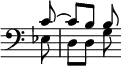 { \override Score.TimeSignature #'stencil = ##f \clef bass \partial 8 \relative c' << { c8 ~ c[ b] b } \\ { ees, d[ d] g } >> }