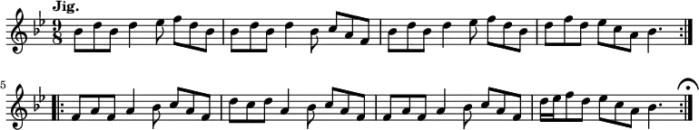 { \relative b' { \key bes \major \time 9/8 \tempo "Jig."
\repeat volta 2 {
bes8 d bes d4 ees8 f d bes | bes d bes d4 bes8 c a f |
bes d bes d4 ees8 f d bes | d f d ees c a bes4. }
\repeat volta 2 {
f8 a f a4 bes8 c a f | d' c d a4 bes8 c a f |
f a f a4 bes8 c a f | d'16 ees f8 d ees c a bes4. } \mark \markup { \musicglyph "scripts.ufermata" } } }