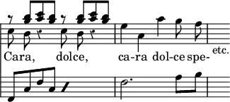 { << \new Staff << \clef soprano \key f \major \time 4/4 \override Score.Rest #'style = #'classical \override Score.TimeSignature #'stencil = ##f \override Score.KeySignature #'stencil = ##f \override Score.Clef #'stencil = ##f
\new Voice \relative f'' { \stemUp
\repeat unfold 2 { r8 <e g><f a> <e g> } } %second rest corrected to quaver
\new Voice ="Air" \relative a' { \stemDown \autoBeamOff
a8 g r4 a8 g r4 | c4 f, f' e8 d | s_"etc." } >>
\new Lyrics \lyricsto "Air" {
Ca -- ra, dol -- ce, ca -- ra dol -- ce spe- }
\new Staff \relative f, { \clef bass \key f \major
\repeat percent 2 { f8 c' f c } | f2. a8 bes | s } >> }