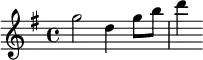 { \time 4/4 \key g \major \relative g'' { g2 d4 g8 b | d4 } }