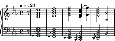 {\language "english"
\new PianoStaff << \new Staff
{\set Staff.midiInstrument = #"piano"
\clef treble \tempo 4 = 120 \time 4/4 \key ef \major \partial 8
r8
<ef' g' bf' ef''>1 %ef
<f' bf' d'' f''> %bf
<g' bf' ef'' g''>2 %ef
<ef' g' c'' ef''>4 (<g' g''>) %c:m
<f' bf' d'' f''>2 %bf
<bf bf'> %"bf*
}
\new Staff { \set Staff.midiInstrument = #"piano" \partial 8
\clef bass \key ef \major
r8 \grace{g,8}
<g, bf, ef g>1 \grace{f,8} %ef
<f, bf, d f>1 \grace{ef,8} %bf
<ef, g, bf, ef>2 \grace{c,8} %ef
<c, ef, g, c>2 \grace{d,8} %c:m
<d, f, bf, d>2 %bf
<bf,>2 %bf*
}
>> }