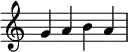{
\override Score.TimeSignature
#'stencil = ##f
\override Score.SpacingSpanner.strict-note-spacing = ##t
\set Score.proportionalNotationDuration = #(ly:make-moment 1/4)
\time 4/4
{
\clef treble
g' a' b' a'
}
}