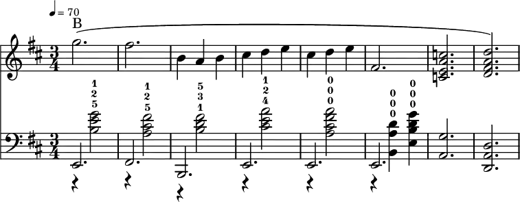 %LILY_PREAMBLE
\language "english" {\new Staff \with{\magnifyStaff #4/3 }%Need gap before bracket
<<\time 3/4 \key d \major \relative c''{\clef treble\tempo 4=70
g'2.^\markup {B} ( |fs2. | b,4 a b | cs d e |%36 Begin 1B
cs d e |fs,2. | <c e a c> |<d fs a d> ) |%40 End 1B
}\new Staff \with{\magnifyStaff #4/3 }%Need gap before bracket
<<\time 3/4 \key d \major \relative c'{\clef bass
r4 <b e g>2-5-2-1 |r4 <a cs fs>2-5-2-1 |r4 <b d fs>2-1-3-5 |r4 <cs e a>2-4-2-1|
r4 <a cs fs a>2-0-0-0 |r4<b, a' d>4-0-0-0 <e b' d g>4-0-0-0|%r4 <b a d>2-0-0-0 |r4 <a b c>2-0-0-0 |
% END PART 2B
} \new Voice= "first" \relative c {\clef bass\voiceOne
e,2. |fs | b, | e |%36 BEGIN 3B
e |e | <a g'> | <d, a' d> |%40 END 3B
}>>>>}