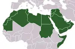 Countries which belong to the Arab League, a multinational organization that recognizes each member state as one populated mostly by Arabs.