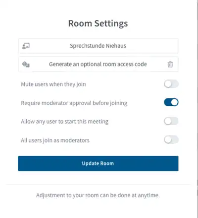 Settings for a digital consultation hour in BigBlueButton