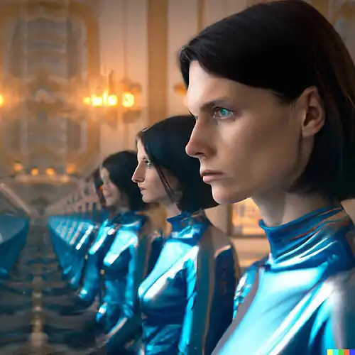 Endless of futuristic clones of clones maid inside a palace