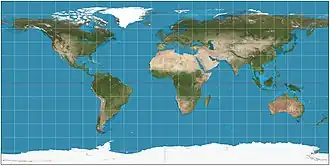 Equirectangular projection of the world; the standard parallel is the equator (plate carrée projection).