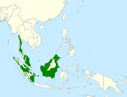 range map with green shading indicating the species occurs in parts of Indonesia and the Malay Peninsula