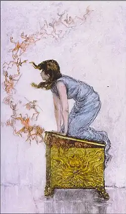 An imagine of Pandora's box. Pandora is trying to hold the box close. Pandora's box is an ancient greek mythology story about about hope