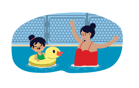 A woman and a child in a duck floaty device in a pool.